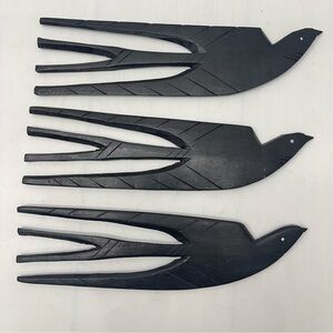3 African Hand Carved Black Ebony Bird Hair Comb Pick Wood Swallow Tail Wall Art